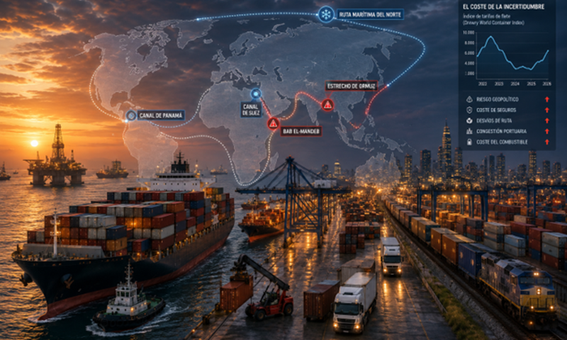 La nueva prima geopolítica que paga el contenedor<br><span style='font-size:18px;line-height:18px;font-weight:400'>El comercio mundial ya no paga únicamente por distancia, combustible y tiempo. De Ormuz al Ártico, la seguridad y la necesidad de disponer de rutas alternativas, está alterando directamente el coste del transporte. Artículo del ingeniero José Rafael Díaz Hernández, Autoridad Portuaria de Las Palmas.</span>
