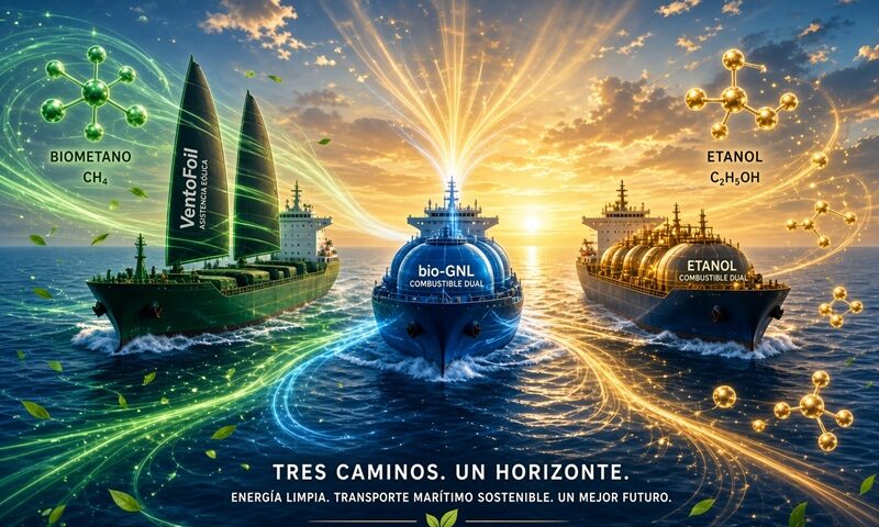 Tres vectores de transición marítima: etanol, bio‑LNG y viento asistido<br><span style='font-size:18px;line-height:18px;font-weight:400'>India y Europa impulsan alternativas energéticas en el transporte marítimo: etanol como combustible emergente, bio‑LNG con infraestructura existente y VentoFoils para propulsión asistida por viento.</span>